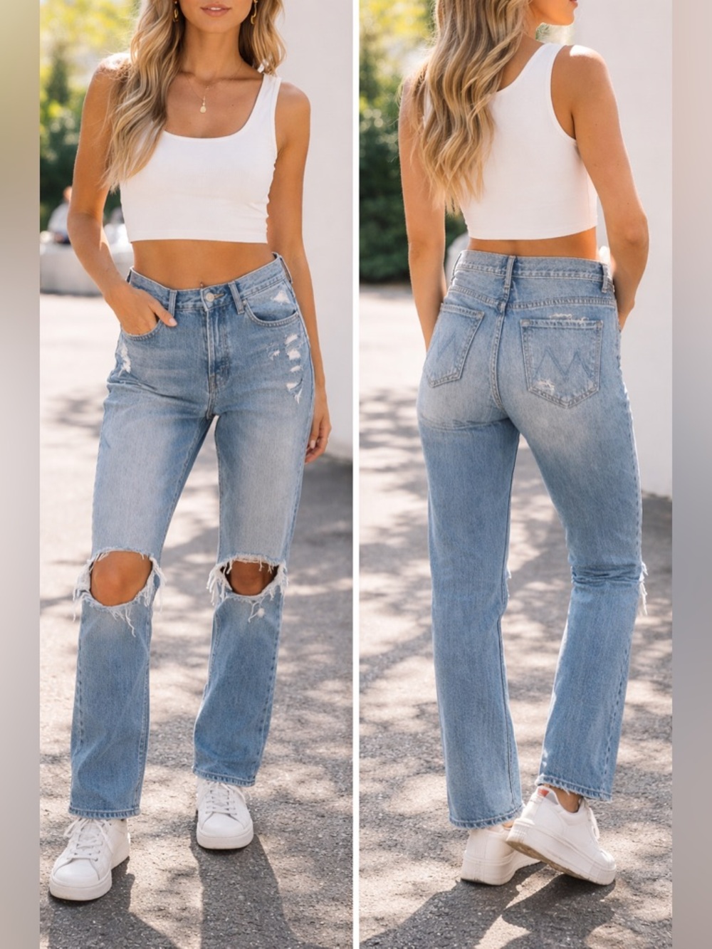 Mother Denim The Tomcat Distressed High-Waist Straight Leg Jeans - Medium Wash